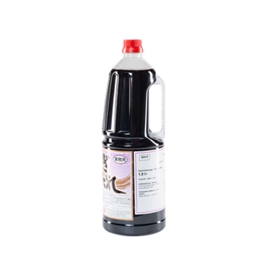 Große Flasche Sojasauce mit Griff und rotem Deckel
