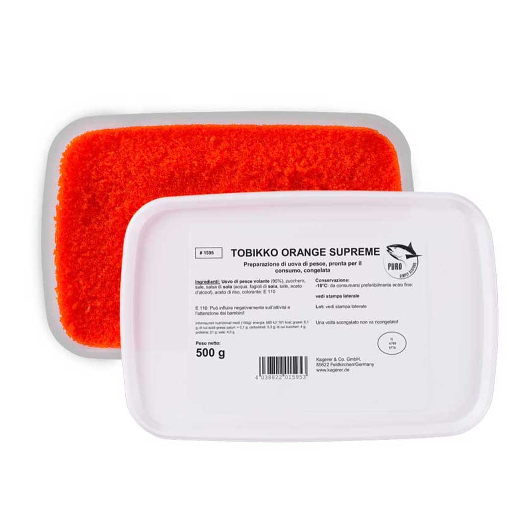 Verpackung von Puro Tobikko Orange Supreme, leuchtend oranger, roh gewürzter Rogen vom fliegenden Fisch, ideal für Sushi, Sashimi und japanische Küche