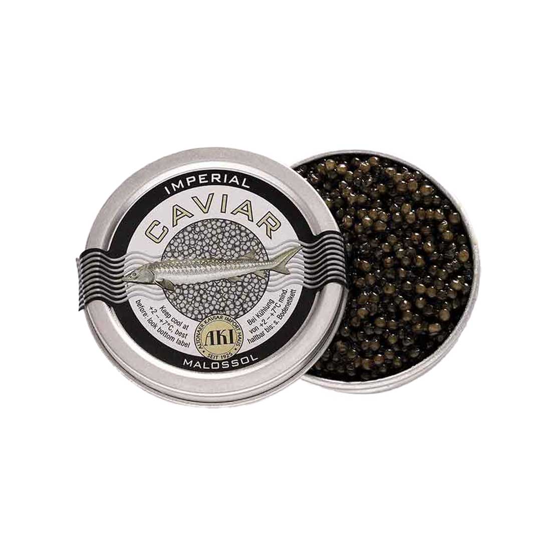 Geöffnete Dose Imperial Kaviar Malossol mit schwarzem Kaviar